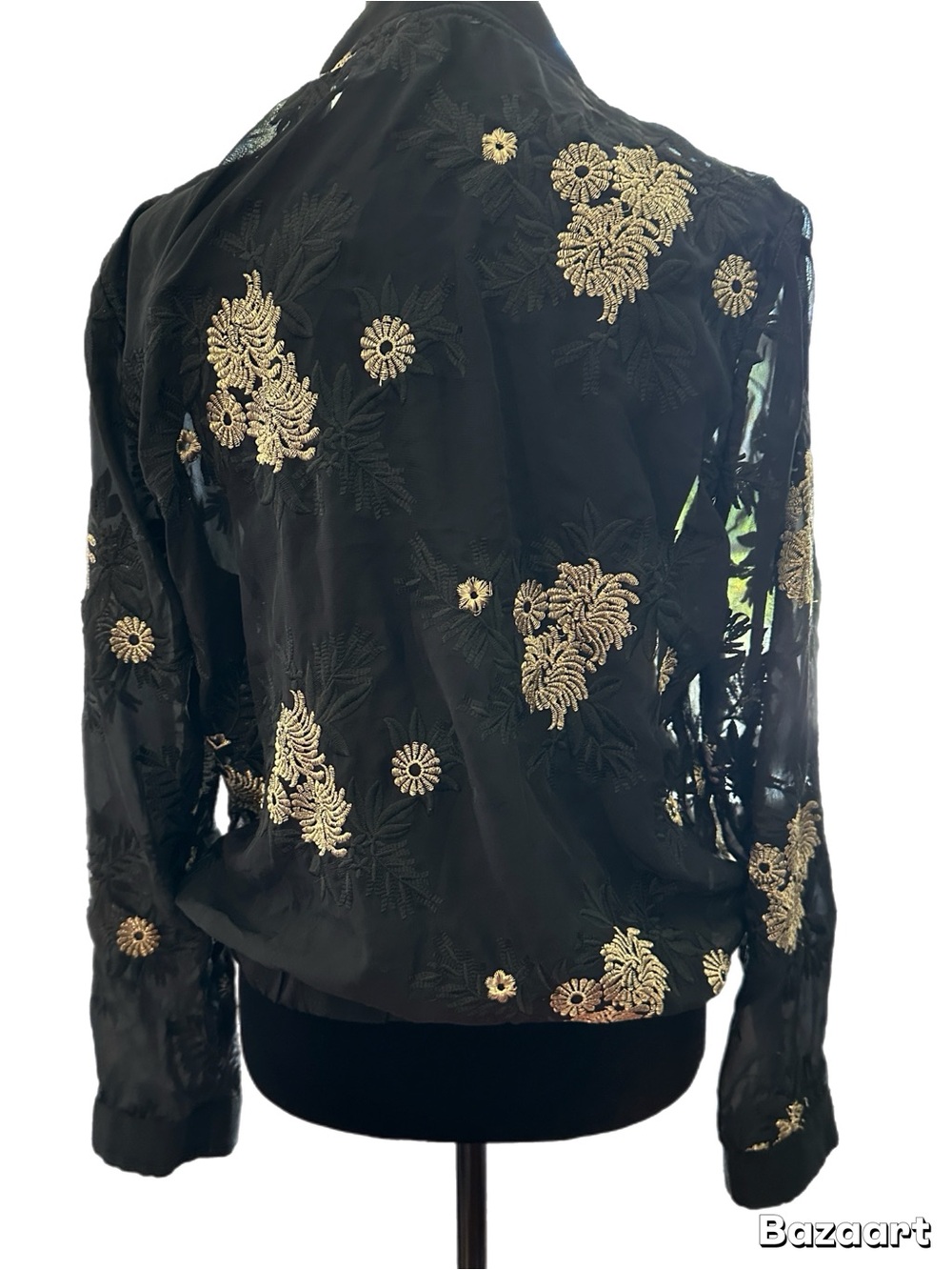 Sans Souci Black Sheer Bomber Jacket with Gold Floral Embroidery - Picture 3 of 9